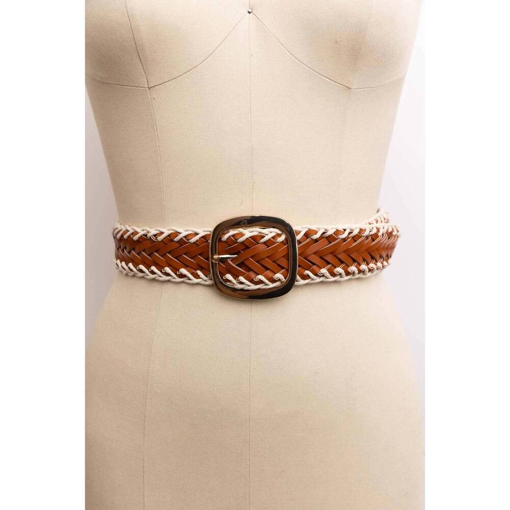 NEW LETO women's crochet trimmed woven leather belt in camel